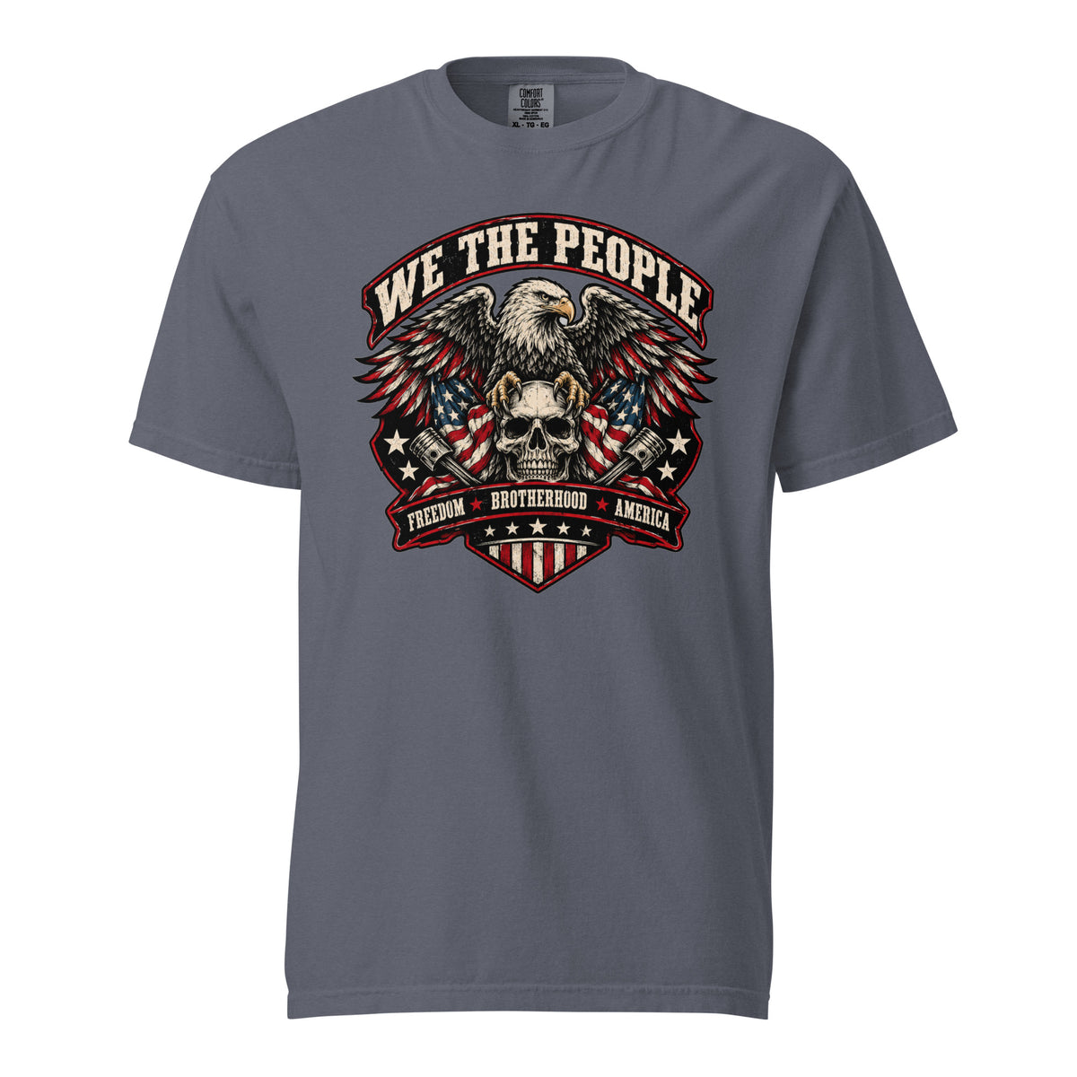 gray men's t-shirt with "we the people" across the top and an eagle standing on a skull graphic below, with written "Freedom Brotherhood America" at the bottom