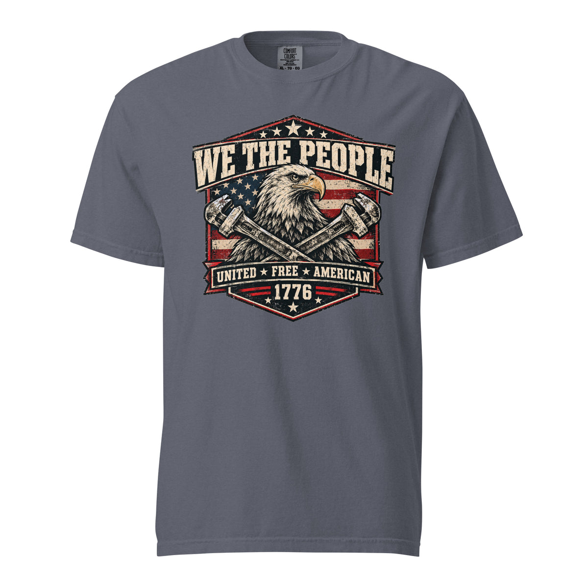 gray men's t-shirt with "we the people" across the top and an eagle with two wrenches graphic below, with written "United Free America" at the bottom