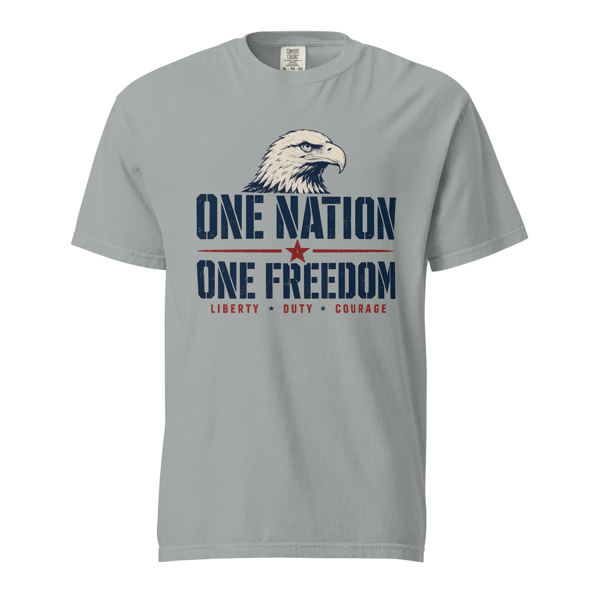Gray men's t-shirt with an eagle head, and One Nation One Freedom written under. With some star accents and "Liberty Duty Courage" at the bottom.