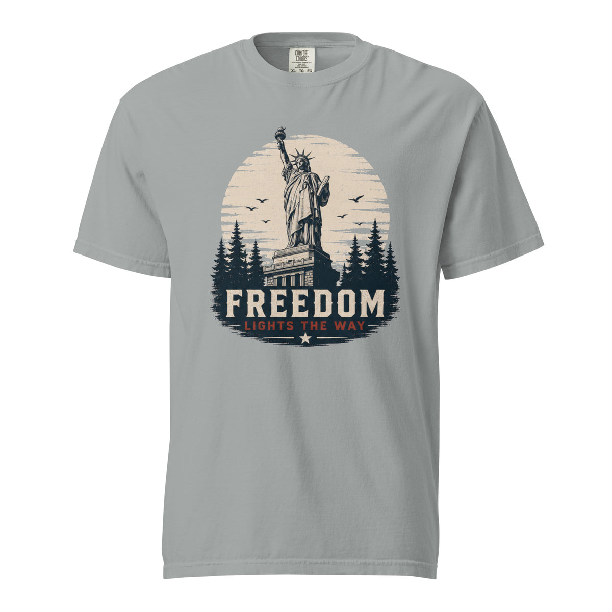 Gray men's t-shirt with statue of liberty and trees, that says "Freedom Lights the way" under it