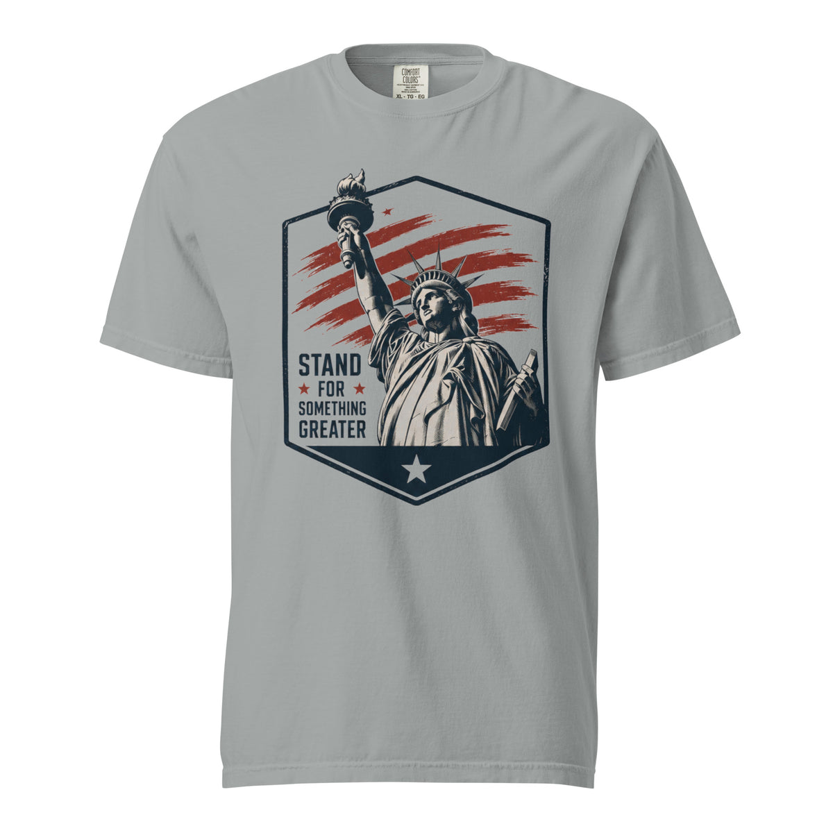 Gray men's t-shirt with statue of liberty and red stripes, that says "Stand for something greater" beside it