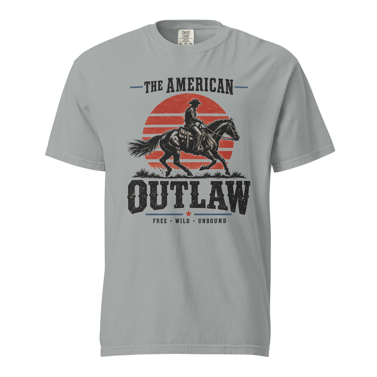grey men's t-shirt with a sun setting silhouette and cowboy riding horse with "The American Outlaw" written above and below