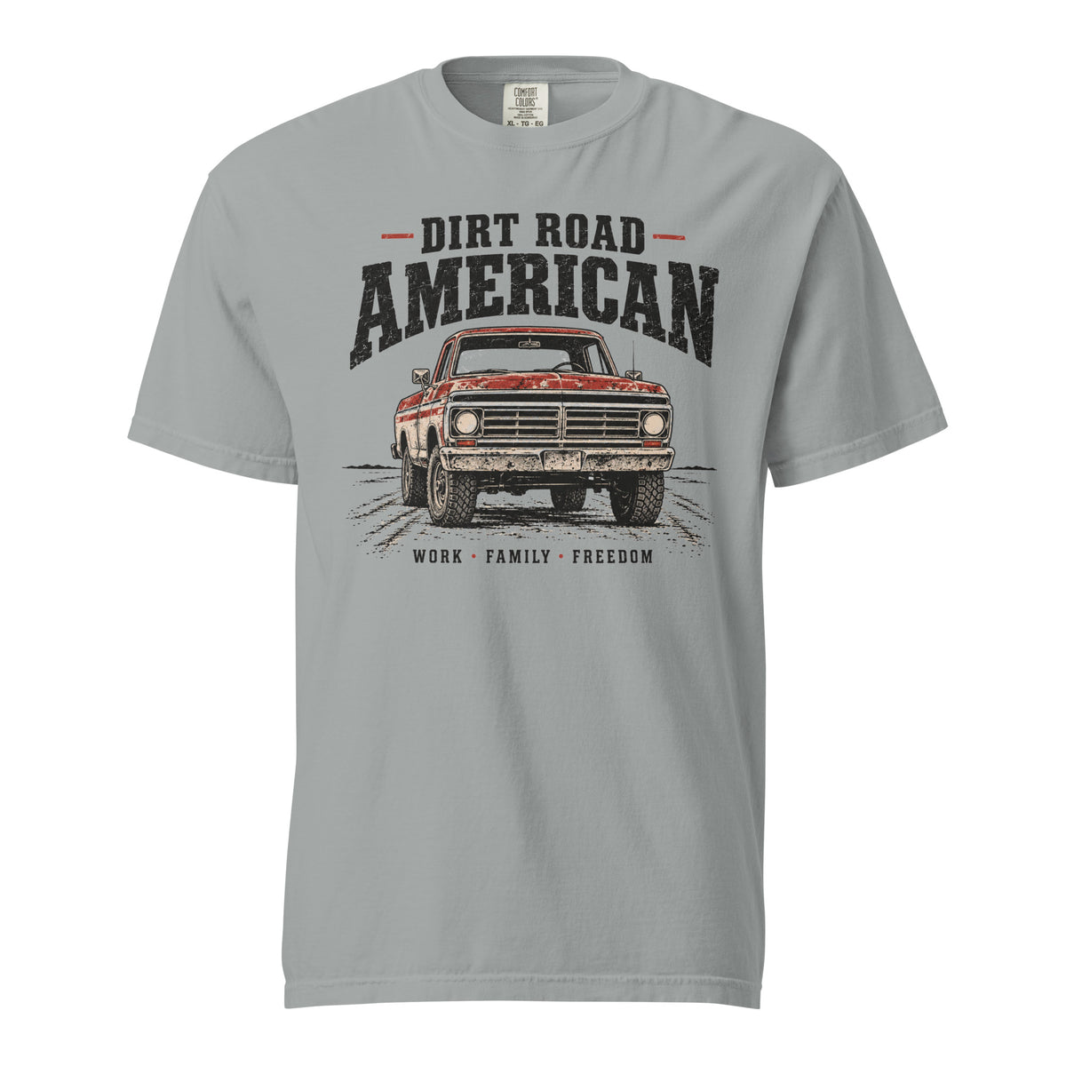 Grey men's t-shirt that says Dir Road American above a vintage American truck colored dusty red on a dirt road silhouette