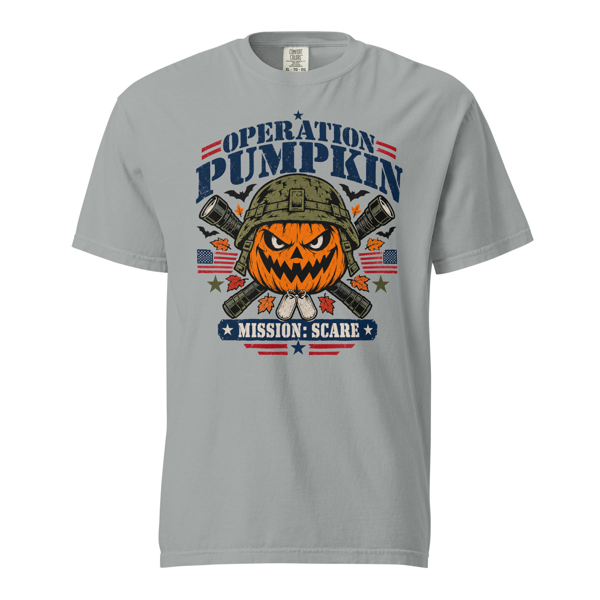 grey t-shirt with military pumpkin focal point, text saying "Operation pumpkin, Mission: Scare" along the top and bottom, with bats, leaves, and other fall accents