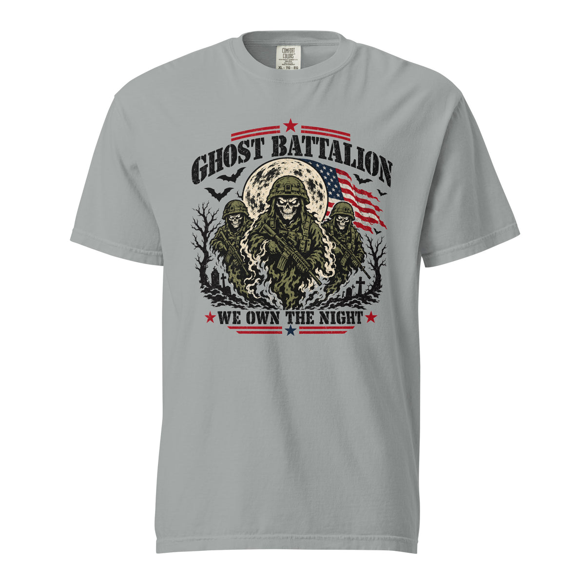 grey t-shirt with three skeleton military soldiers in spooky scene with Ghost Battalion written above and We Own the Night below