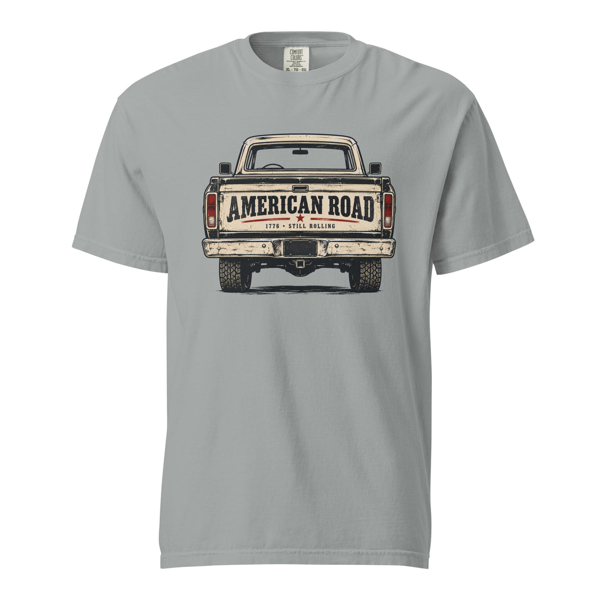 grey men's t-shirt with American Road written across the tailgate of a vintage American truck
