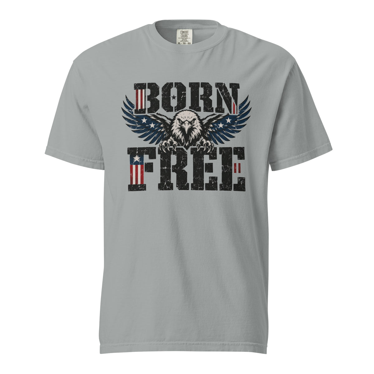 grey men's t-shirt with Born Free written in large letters and an eagle breaking through between them