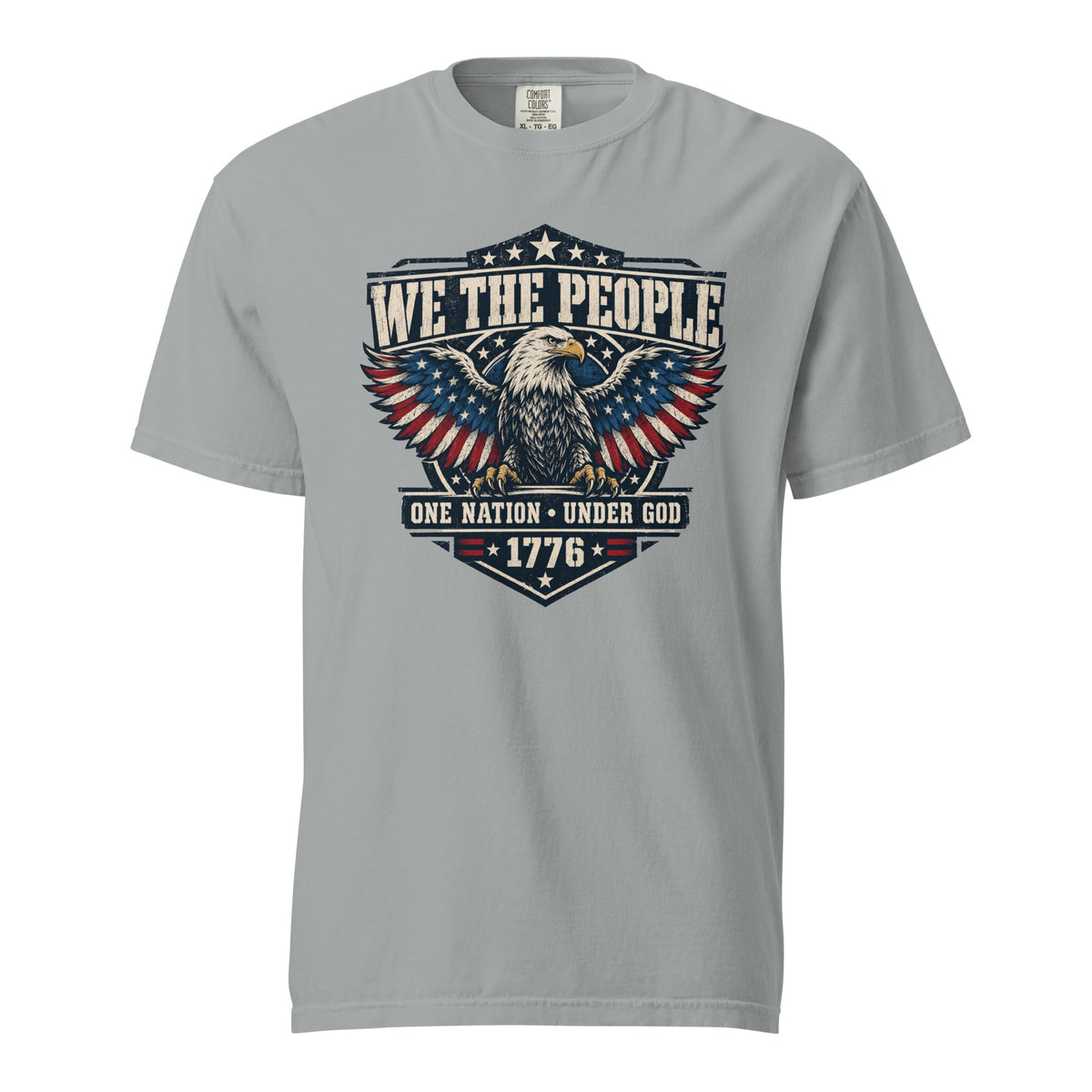 gray men's t-shirt with "we the people" across the top and an eagle graphic below, with written "One nation under god" and "1776" at the bottom