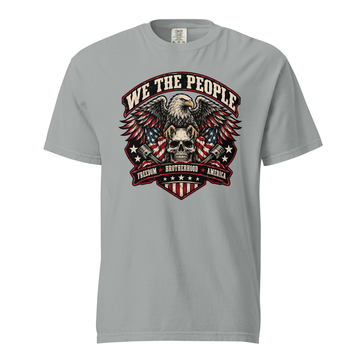 gray men's t-shirt with "we the people" across the top and an eagle standing on a skull graphic below, with written "Freedom Brotherhood America" at the bottom
