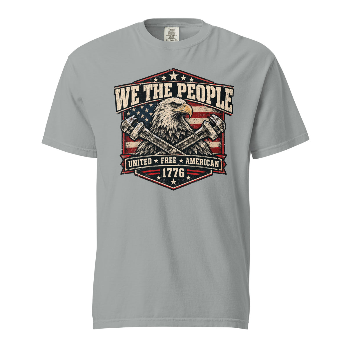 gray men's t-shirt with "we the people" across the top and an eagle with two wrenches graphic below, with written "United Free America" at the bottom