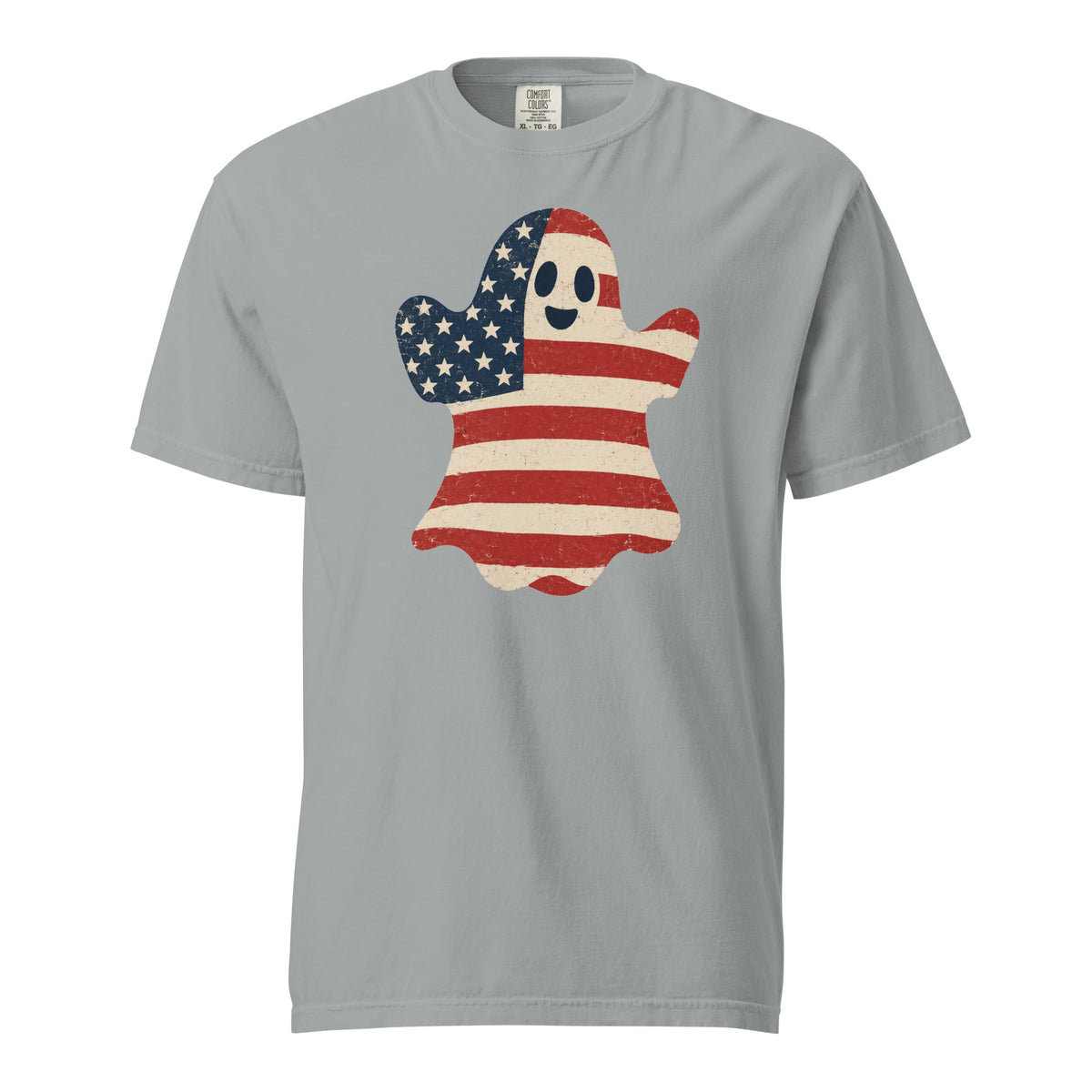 men's gray t-shirt for Halloween with a simple ghost silhouette filled with vintage American flag