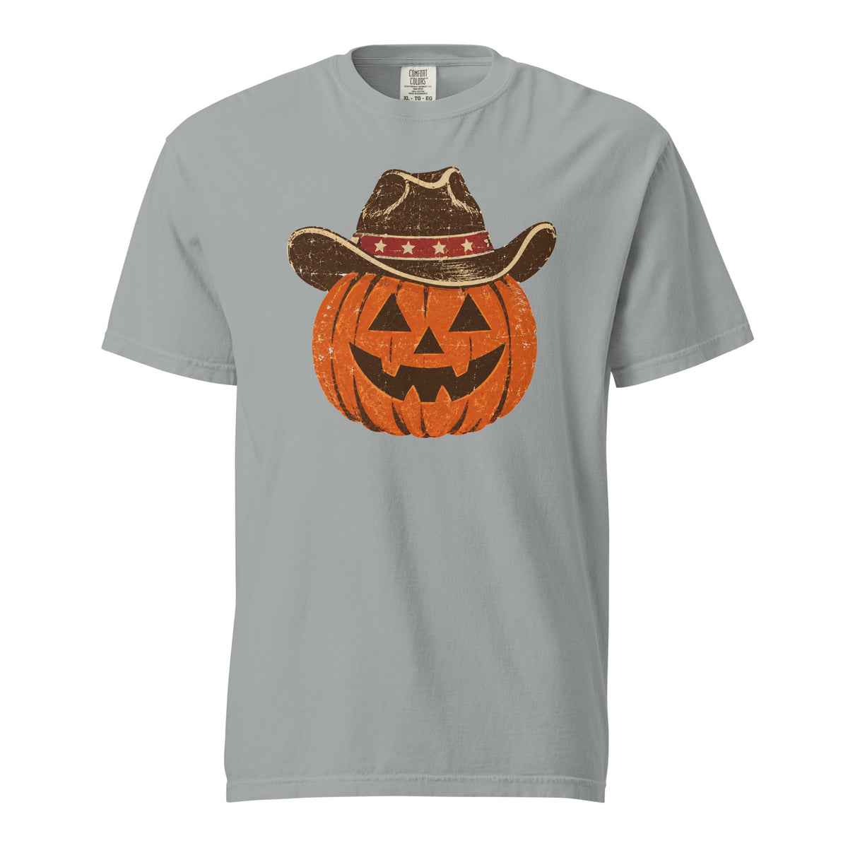 grey men's t-shirt for Halloween with a simple pumpkin carved silhouette with vintage American cowboy hat on top