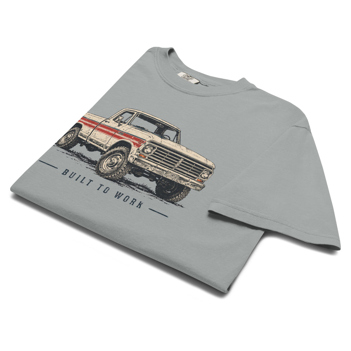 men's grey t-shirt with a large vintage truck graphic and "built to work" in small lettering beneath it