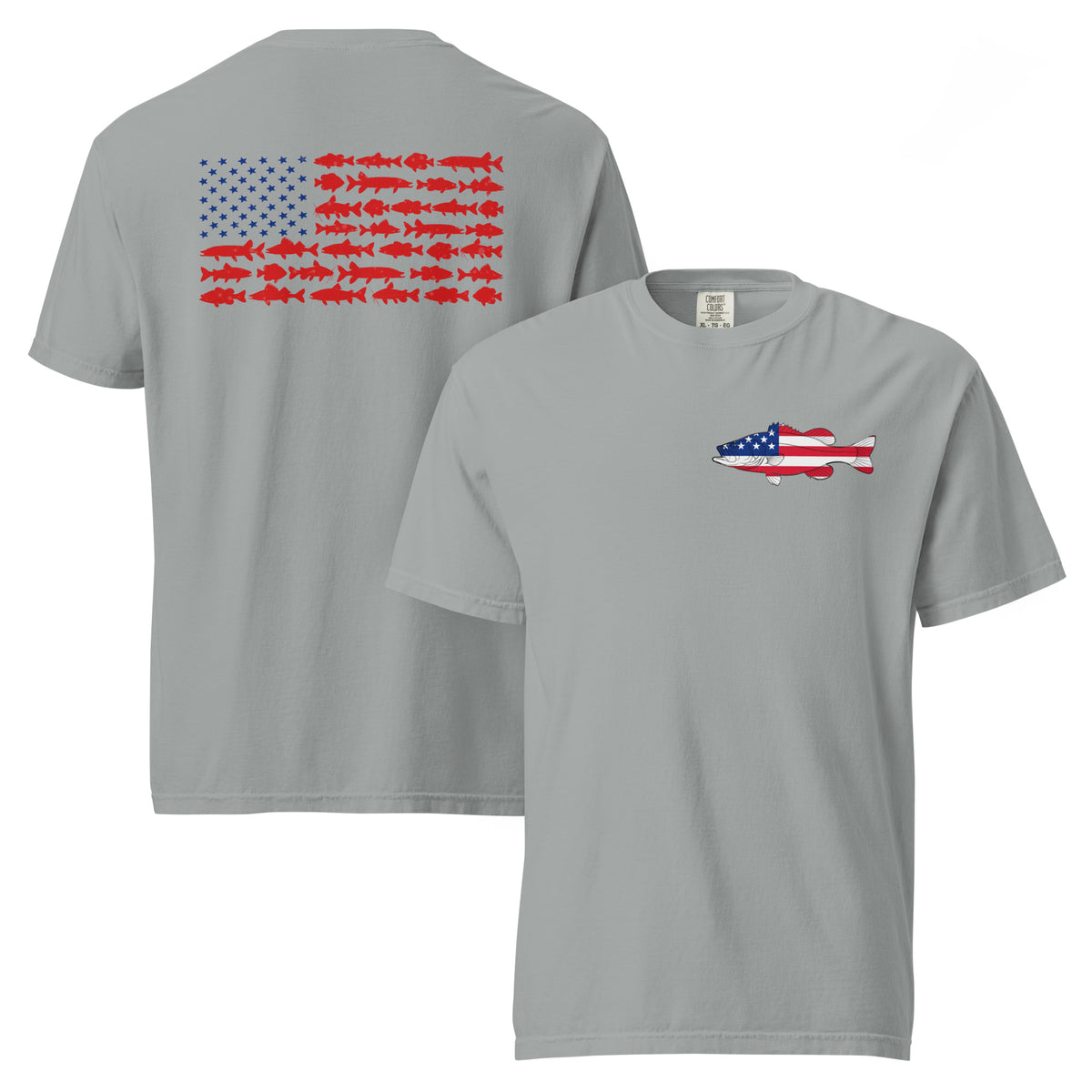 Gray men's t-shirt with American flag Bass on the front and American flag made of freshwater fish on the back