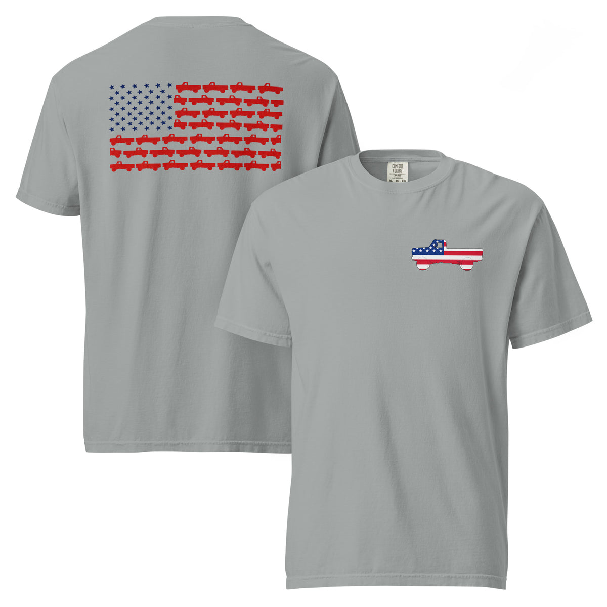 Gray men's t-shirt with American flag truck on the front and American flag made of trucks on the back