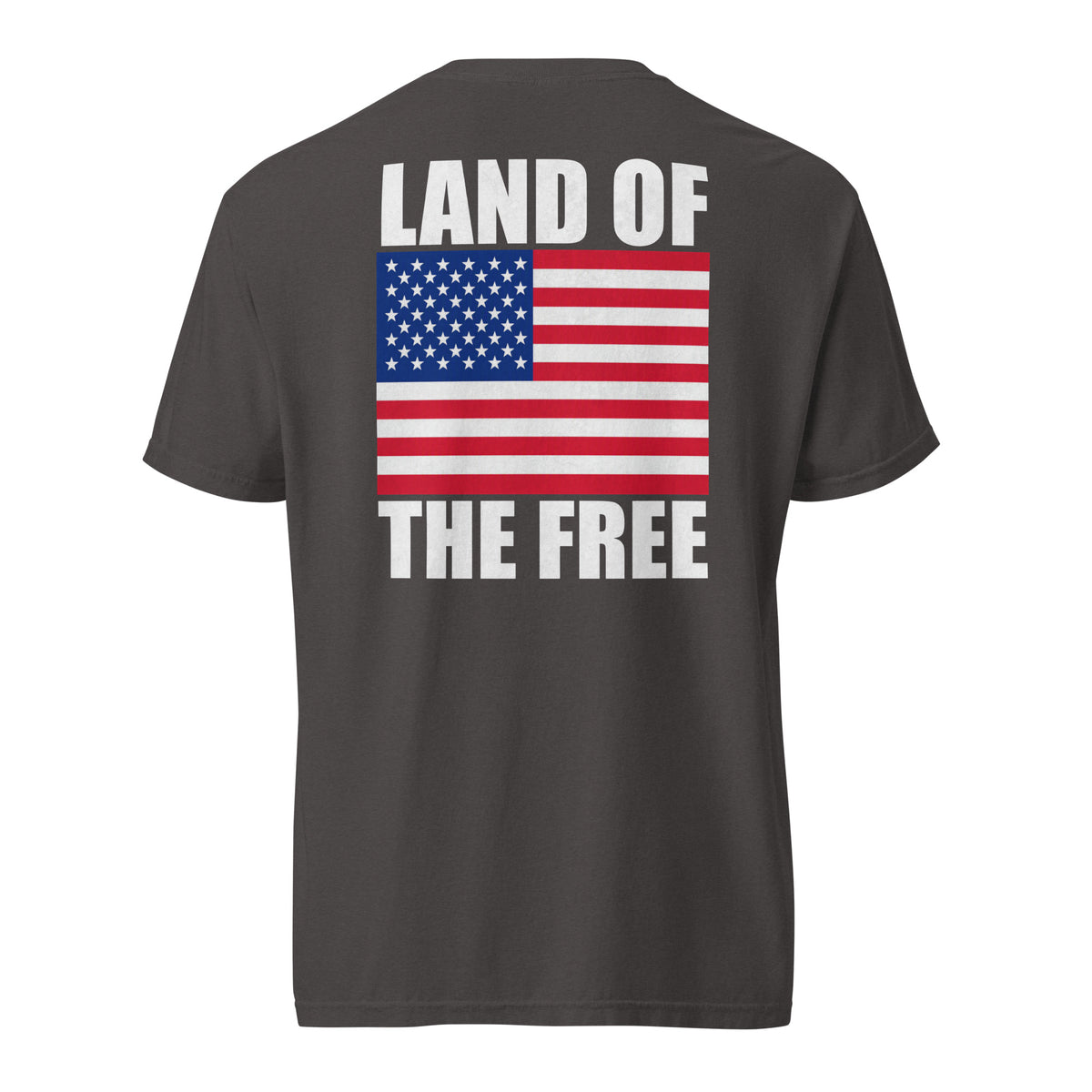 Men's grey t-shirt with Land of the free written above and below an American flag