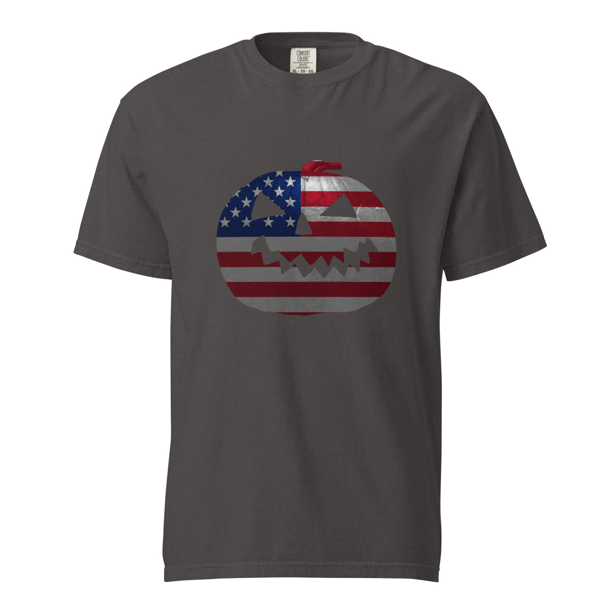 grey mens Halloween t-shirt with a jack-o-lantern pumpkin design and American flag