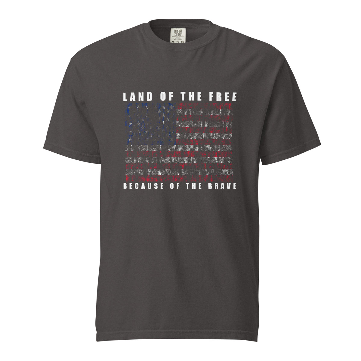 Men's grey t-shirt with land of the free because of the brave written above and below a distressed American flag design