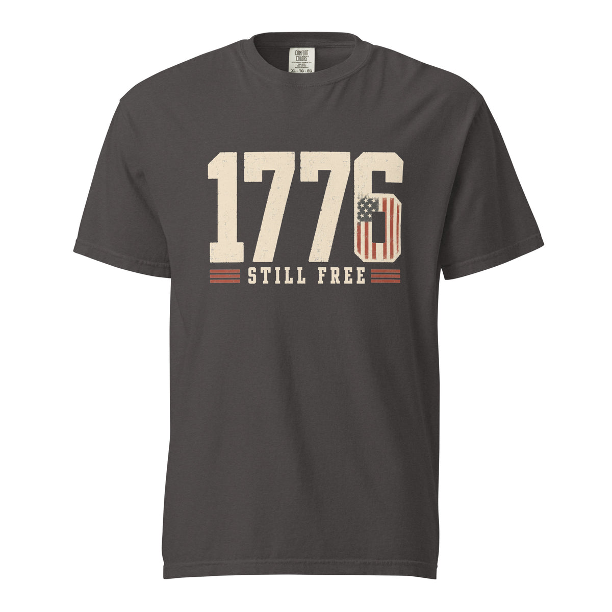Gray men's t-shirt with 1776 in big letters and still free written beneath it