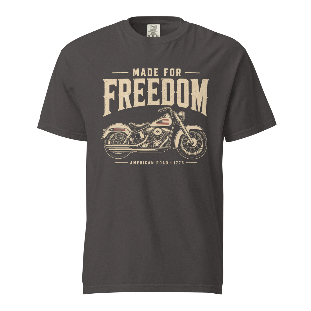 Men's gray t-shirt that says Made for Freedom above a classic motorcycle graphic, and American Road 1776 at the bottom