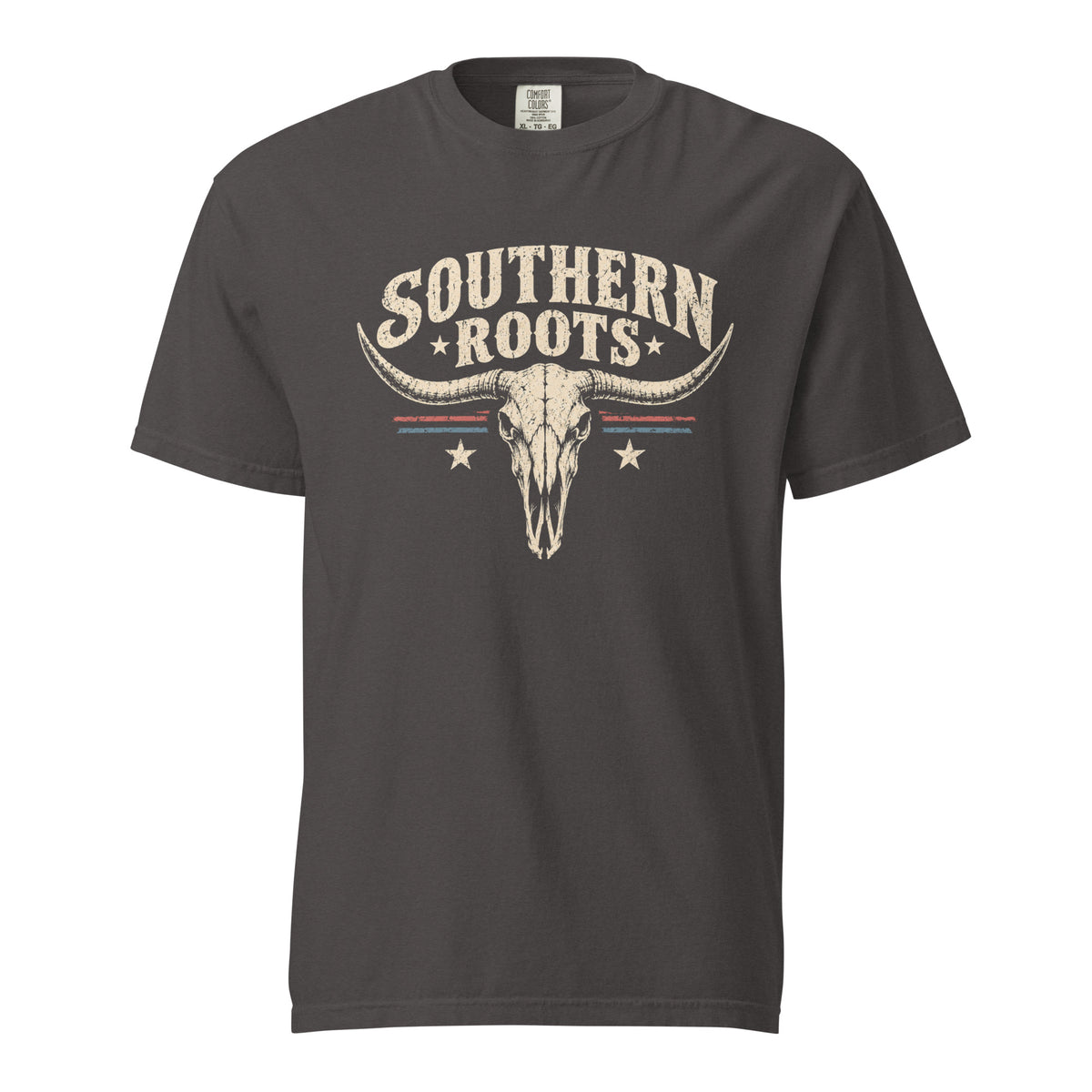 gray men's shirt with southern roots written above a longhorn bone silhouette with star and stripe accents