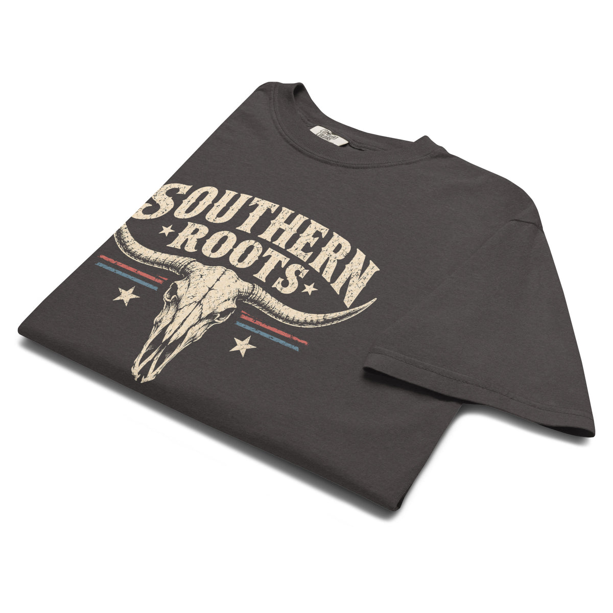 gray men's shirt with southern roots written above a longhorn bone silhouette with star and stripe accents