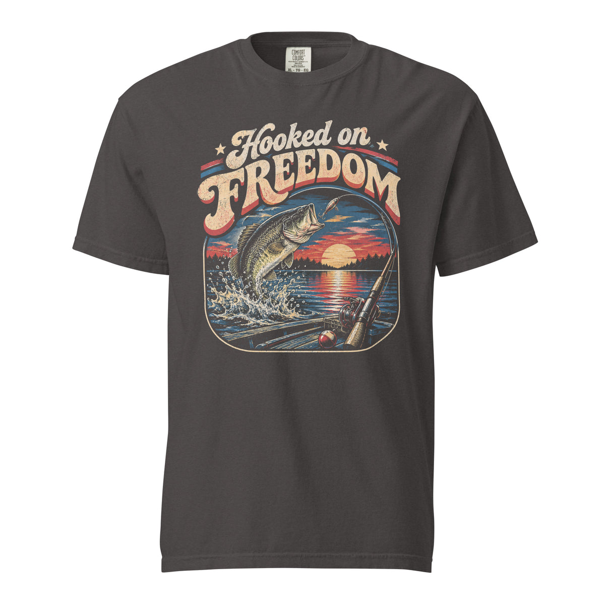 gray men's t-shirt with Hooked on freedom written in large vintage lettering, with a sunset and bass graphic 
