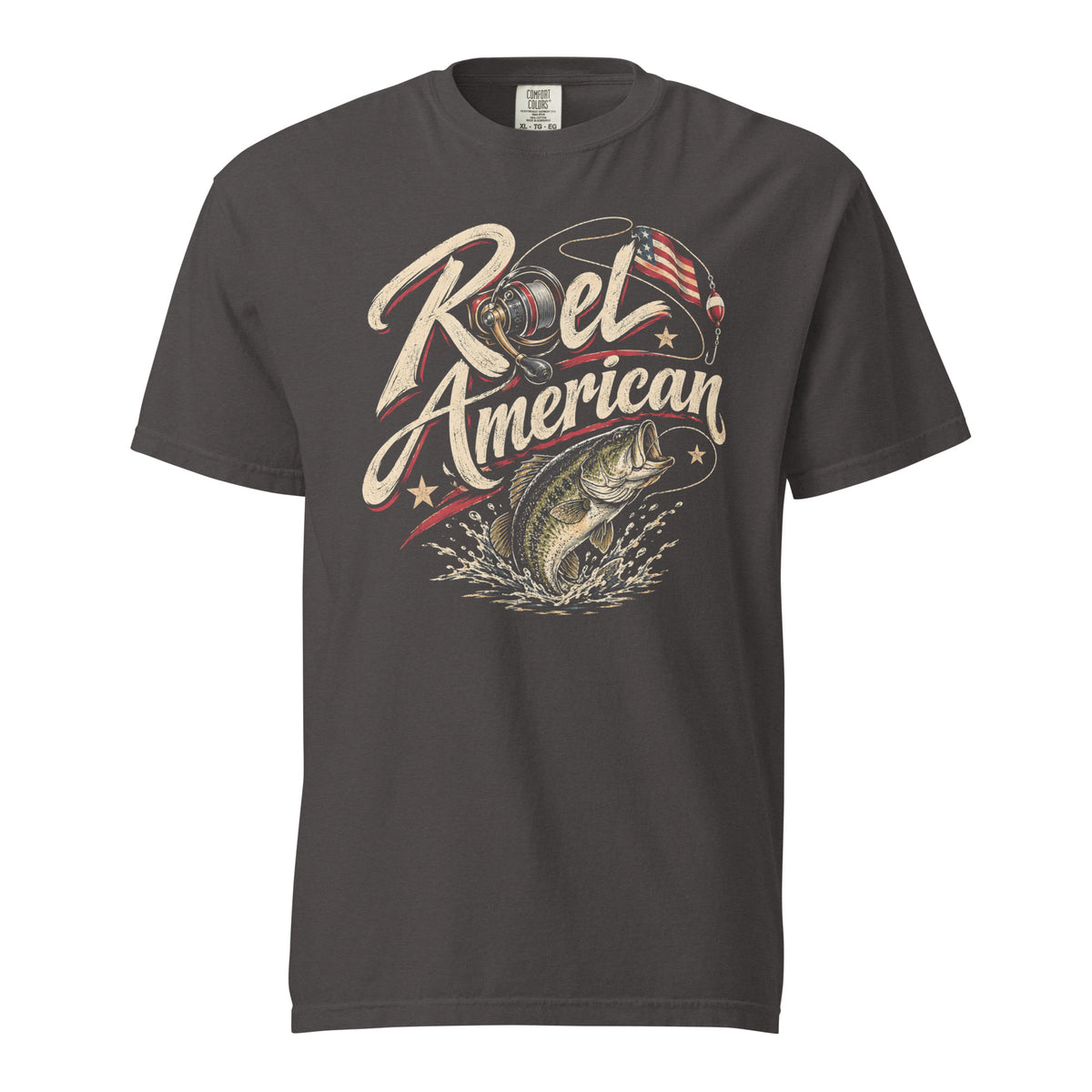 gray men's t-shirt with Reel American written in large lettering, with a fishing reel as one of the letters and bass graphic 