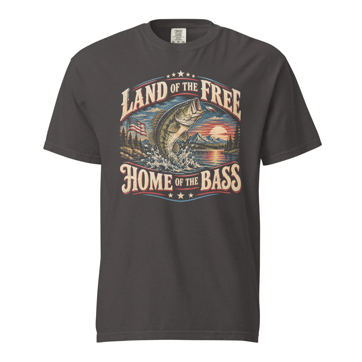 gray men's t-shirt with "Land of the free home of the bass" written in large lettering, with a bass and sunset graphic in the center