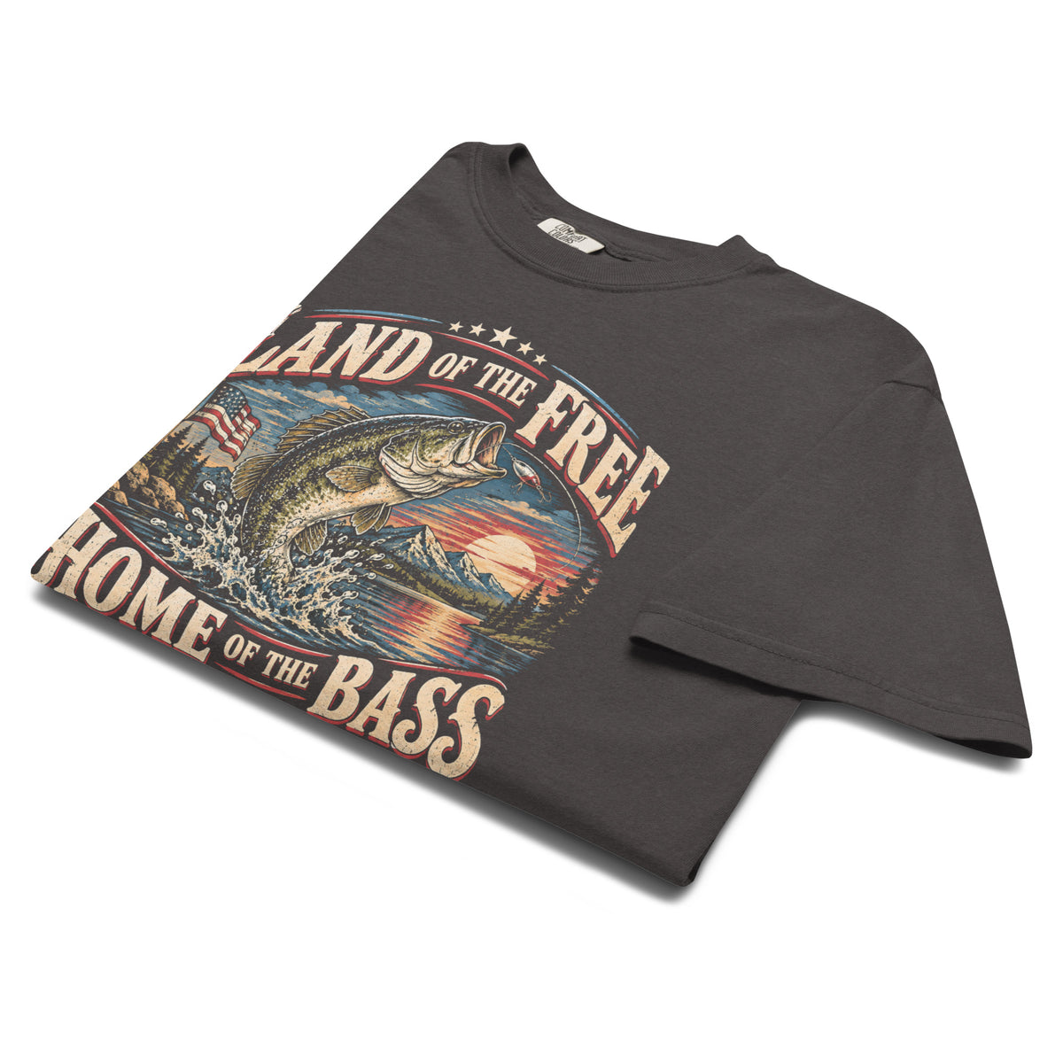 gray men's t-shirt with "Land of the free home of the bass" written in large lettering, with a bass and sunset graphic in the center