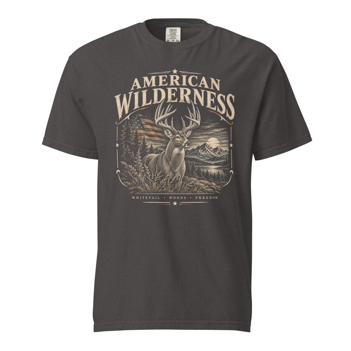 gray men's t-shirt with "American Wilderness" across the top, and a whitetail buck graphic with an American flag and small lettering along the bottom