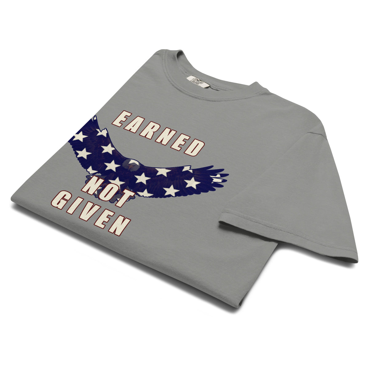 Gray men's Earned Not Given saying American flag eagle t-shirt