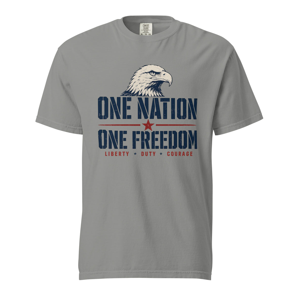 Gray men's t-shirt with an eagle head, and One Nation One Freedom written under. With some star accents and "Liberty Duty Courage" at the bottom.