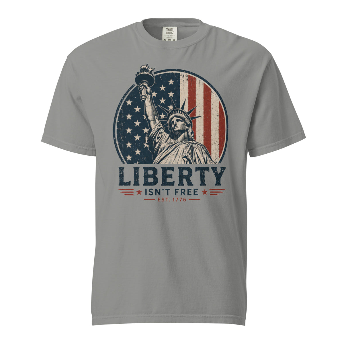 Gray men's t-shirt with American flag statue of liberty graphic, and text that says "Liberty isn't free" underneath
