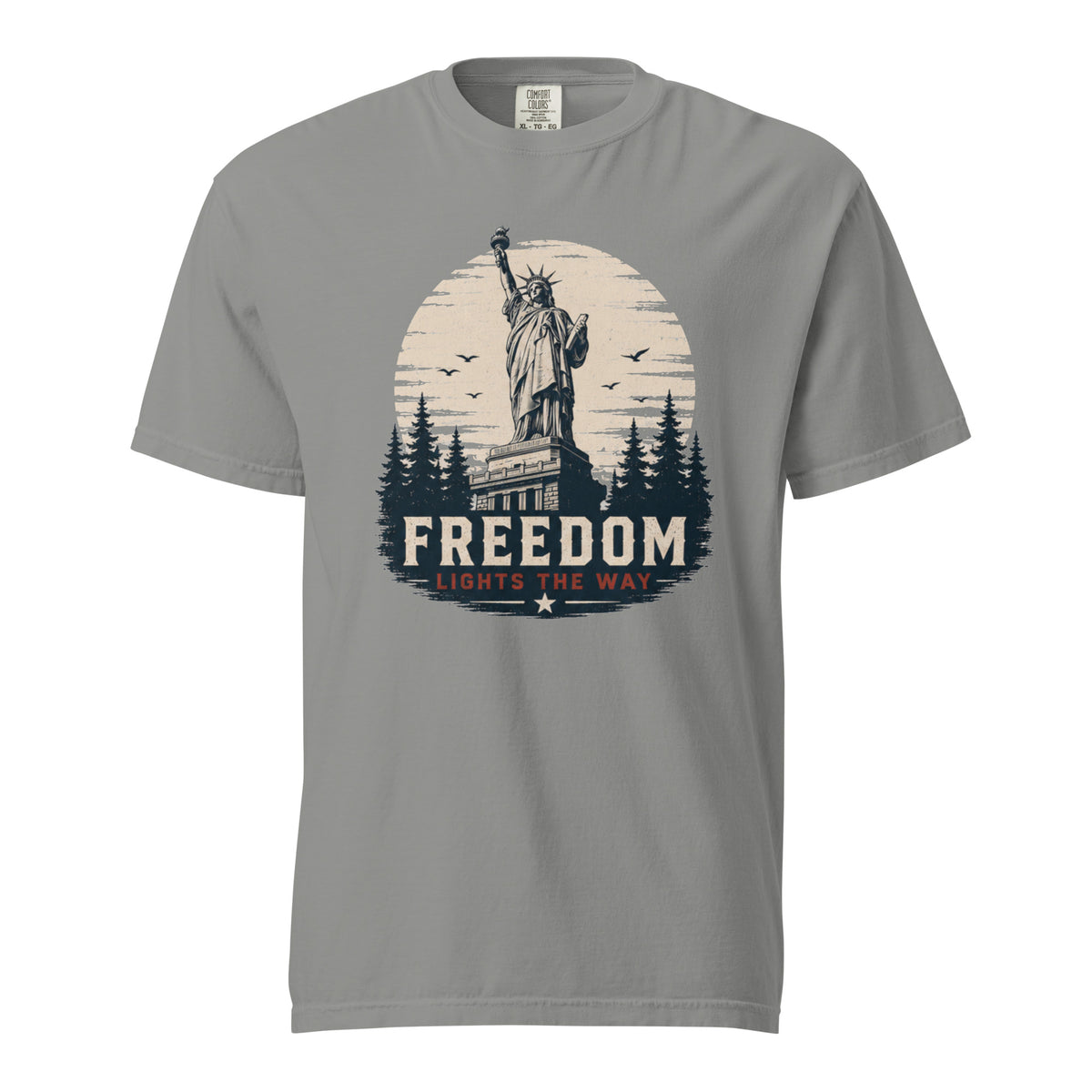 Gray men's t-shirt with statue of liberty and trees, that says "Freedom Lights the way" under it