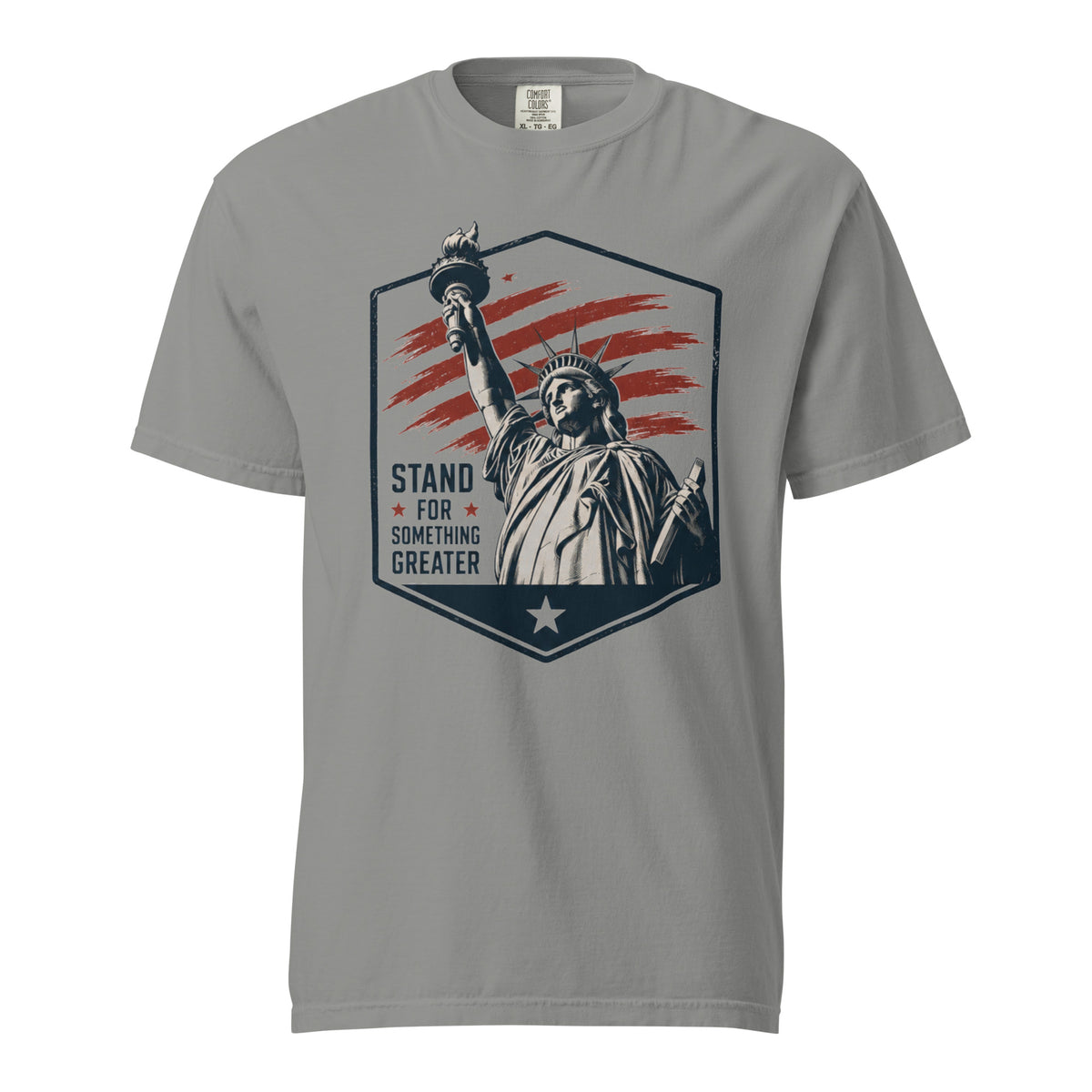Gray men's t-shirt with statue of liberty and red stripes, that says "Stand for something greater" beside it