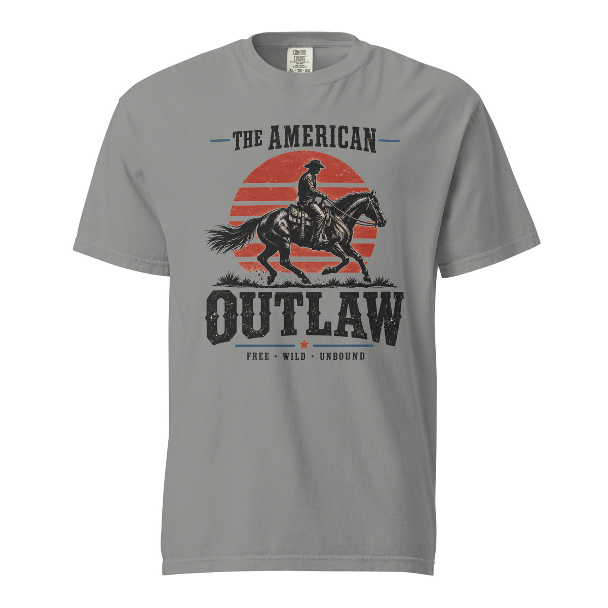 grey men's t-shirt with a sun setting silhouette and cowboy riding horse with "The American Outlaw" written above and below