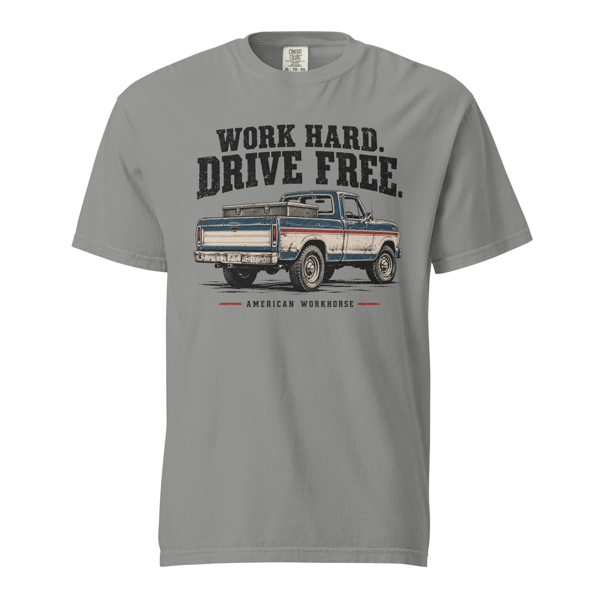 grey men's t-shirt that says Work hard. Drive Free. above a vintage American truck colored dusty red, white and blue