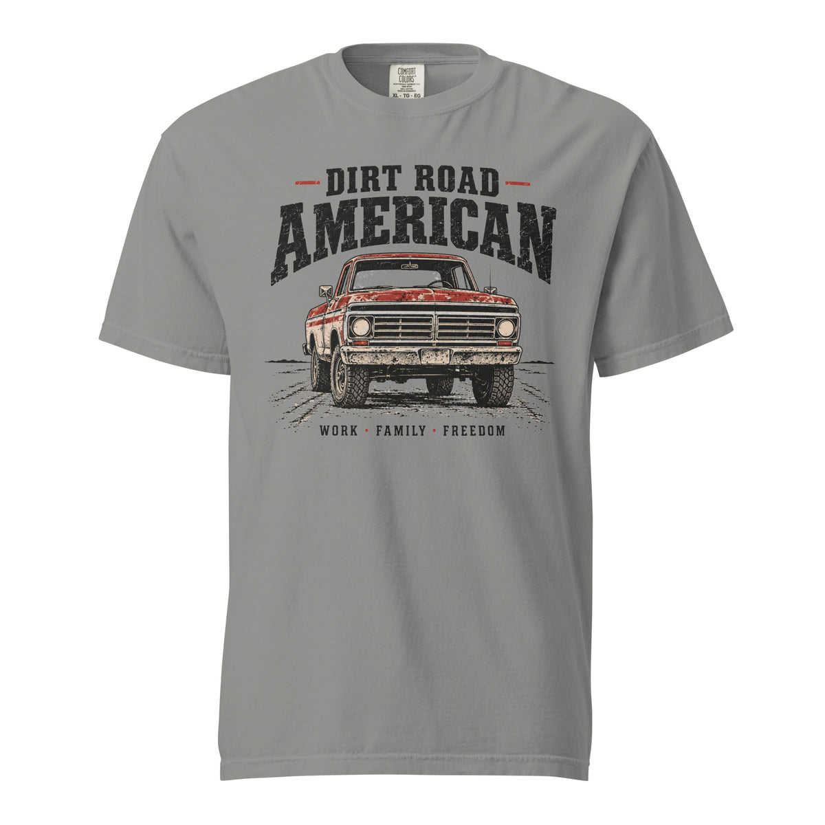 Grey men's t-shirt that says Dir Road American above a vintage American truck colored dusty red on a dirt road silhouette