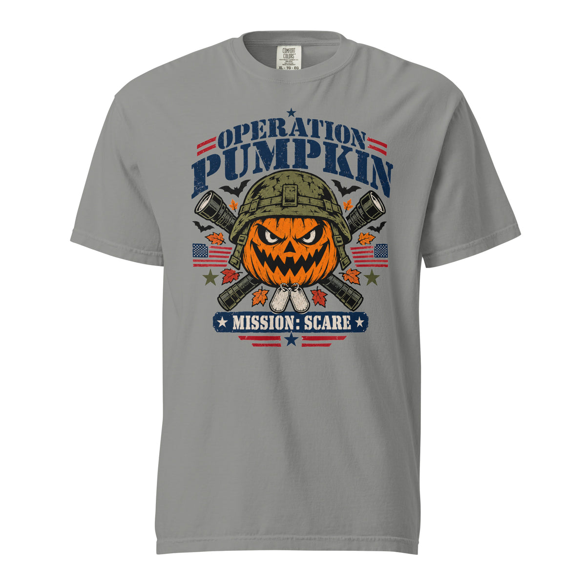 grey t-shirt with military pumpkin focal point, text saying "Operation pumpkin, Mission: Scare" along the top and bottom, with bats, leaves, and other fall accents