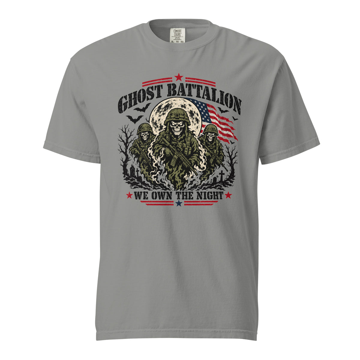 grey t-shirt with three skeleton military soldiers in spooky scene with Ghost Battalion written above and We Own the Night below