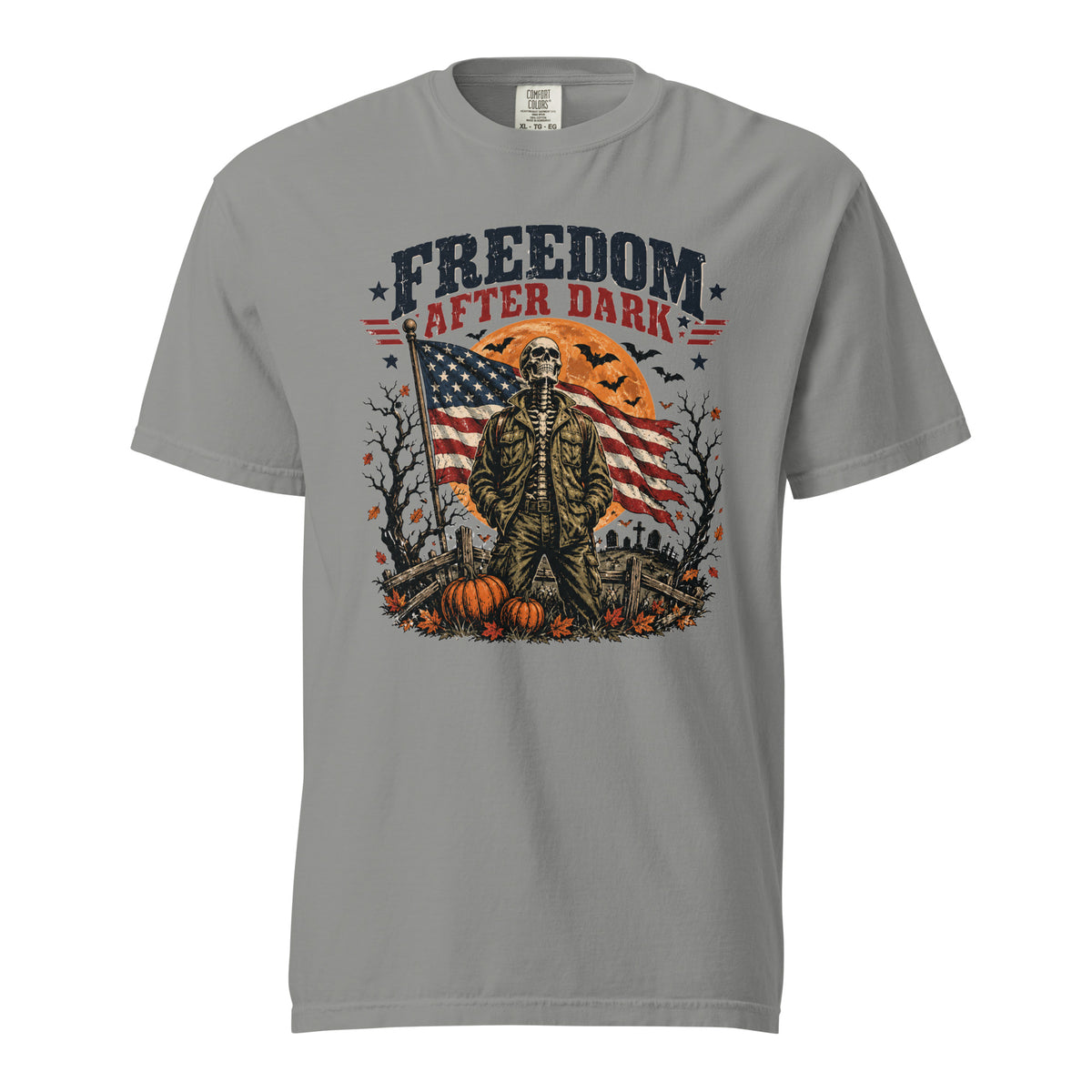 grey t-shirt with skeleton in front of American flag and moon, with Freedom after dark text above, and Halloween icon detail accents