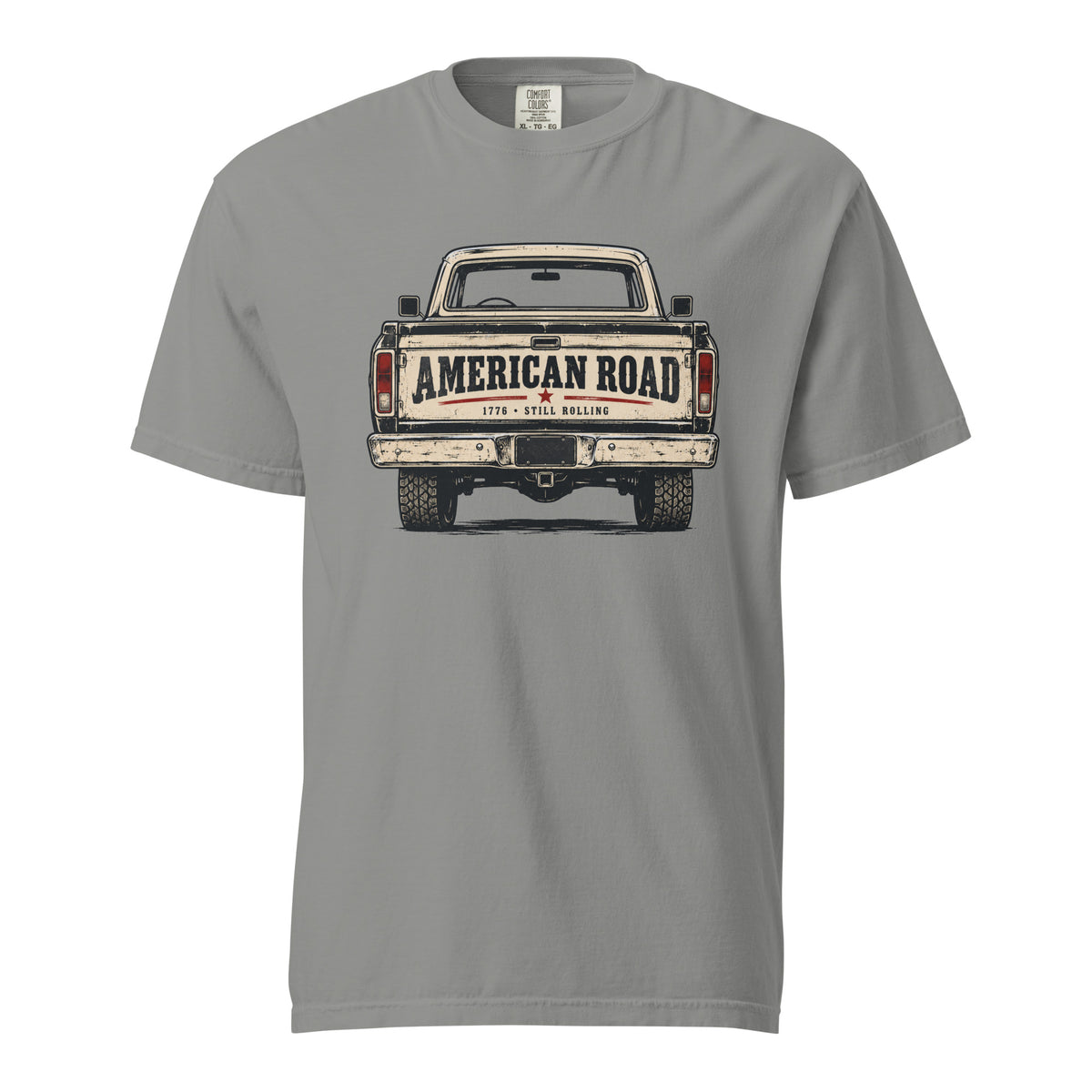 grey men's t-shirt with American Road written across the tailgate of a vintage American truck