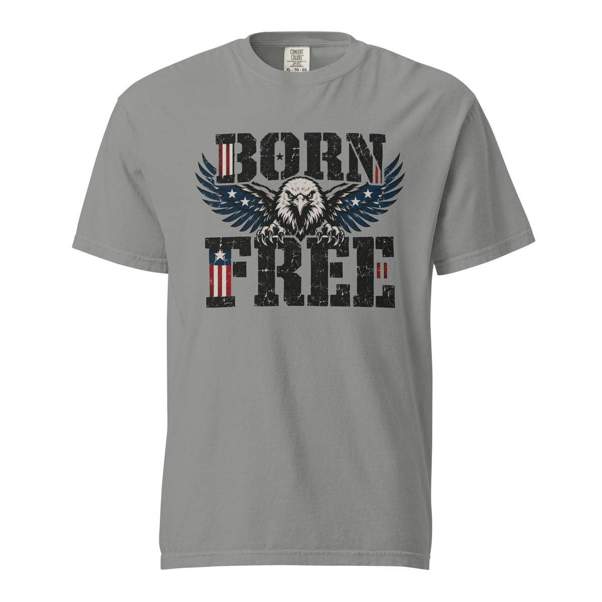 grey men's t-shirt with Born Free written in large letters and an eagle breaking through between them