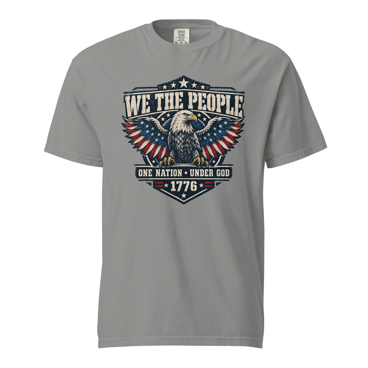 gray men's t-shirt with "we the people" across the top and an eagle graphic below, with written "One nation under god" and "1776" at the bottom