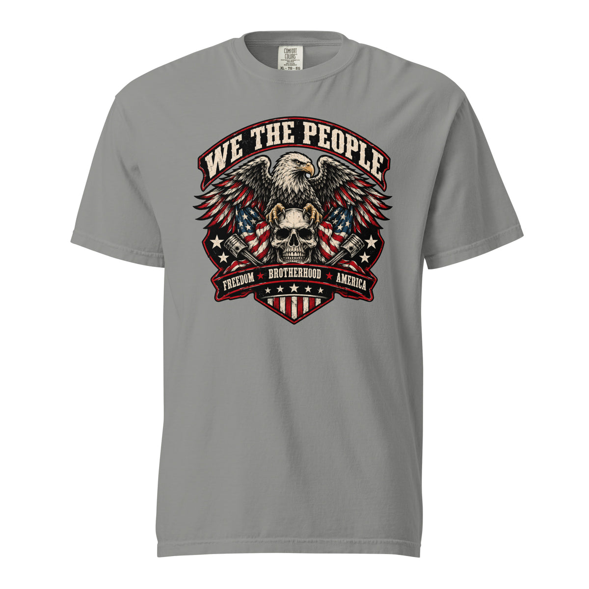 gray men's t-shirt with "we the people" across the top and an eagle standing on a skull graphic below, with written "Freedom Brotherhood America" at the bottom
