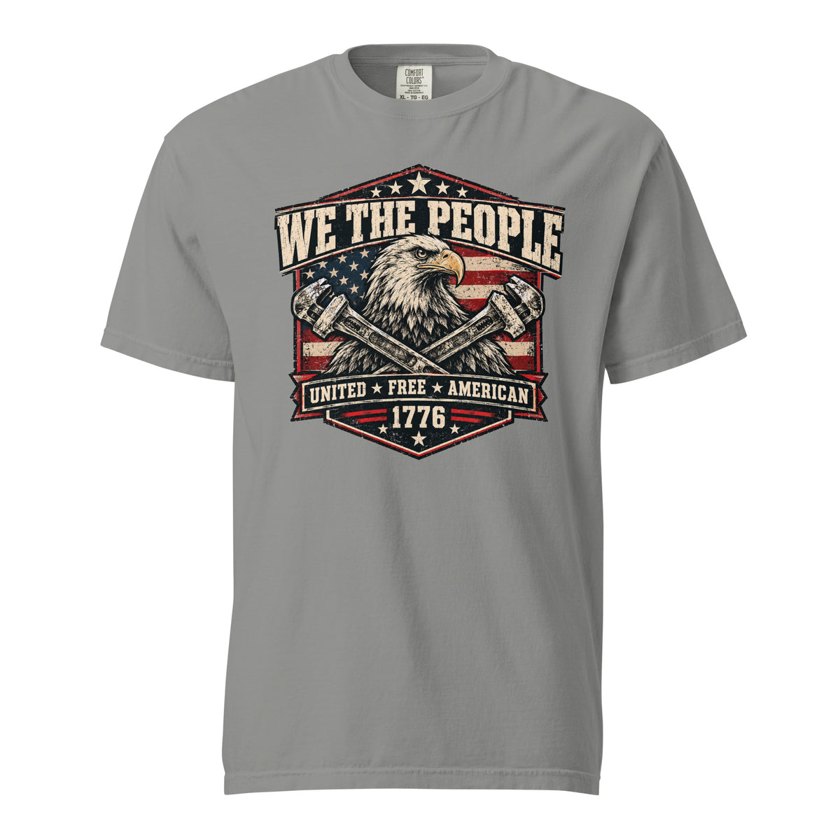 gray men's t-shirt with "we the people" across the top and an eagle with two wrenches graphic below, with written "United Free America" at the bottom