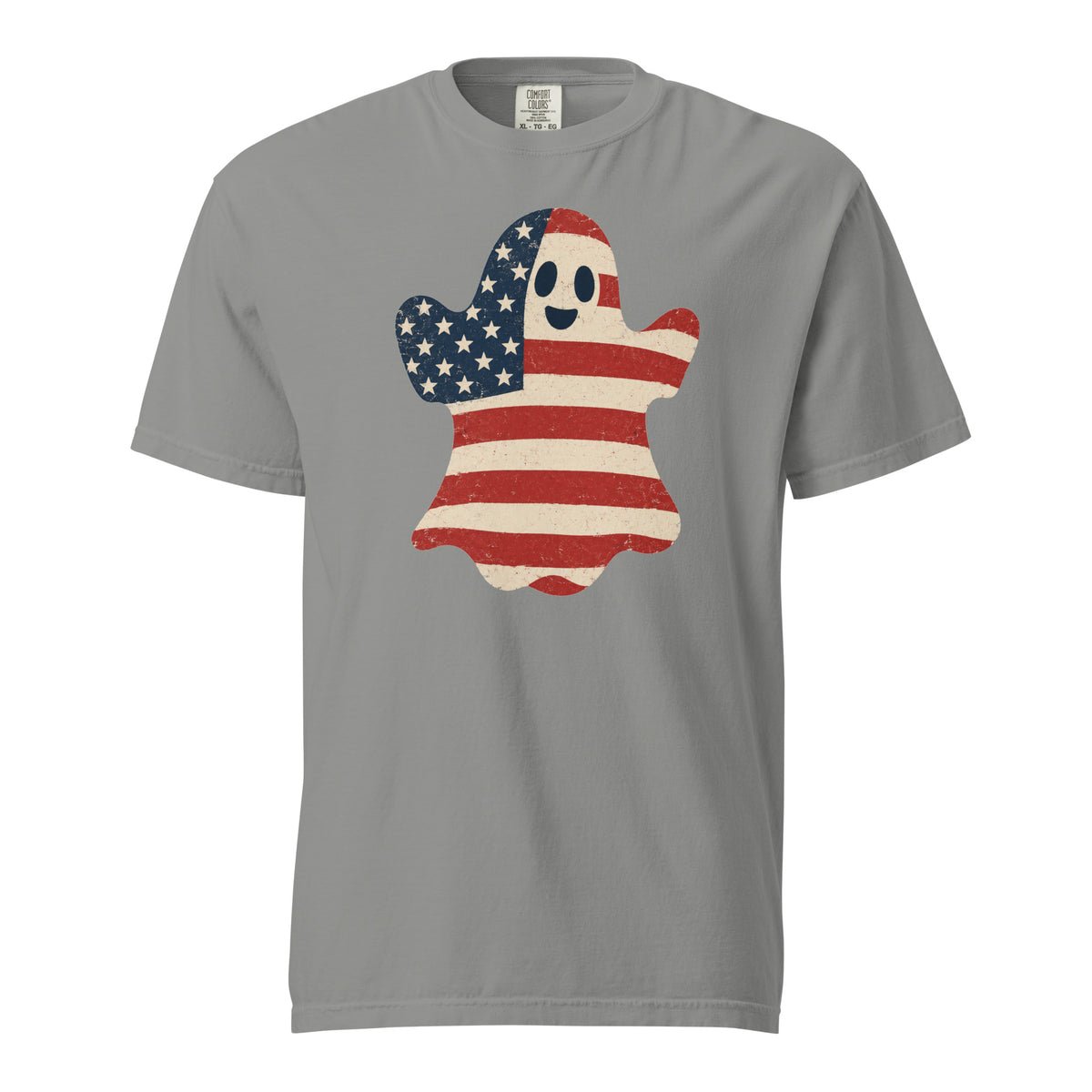 men's gray t-shirt for Halloween with a simple ghost silhouette filled with vintage American flag