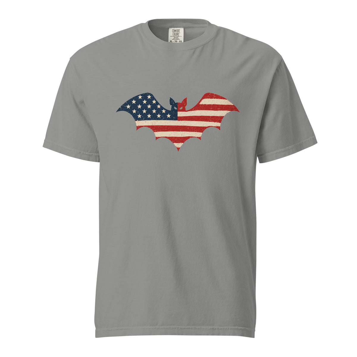 gray men's t-shirt for Halloween with a simple bat silhouette filled with vintage American flag
