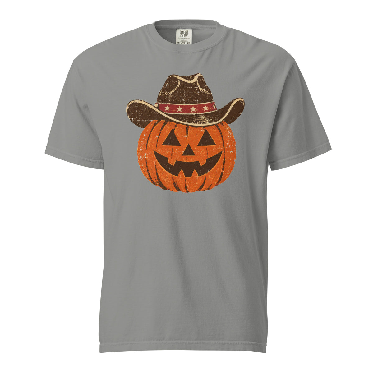 blue men's t-shirt for Halloween with a simple pumpkin carved silhouette with vintage American cowboy hat on top